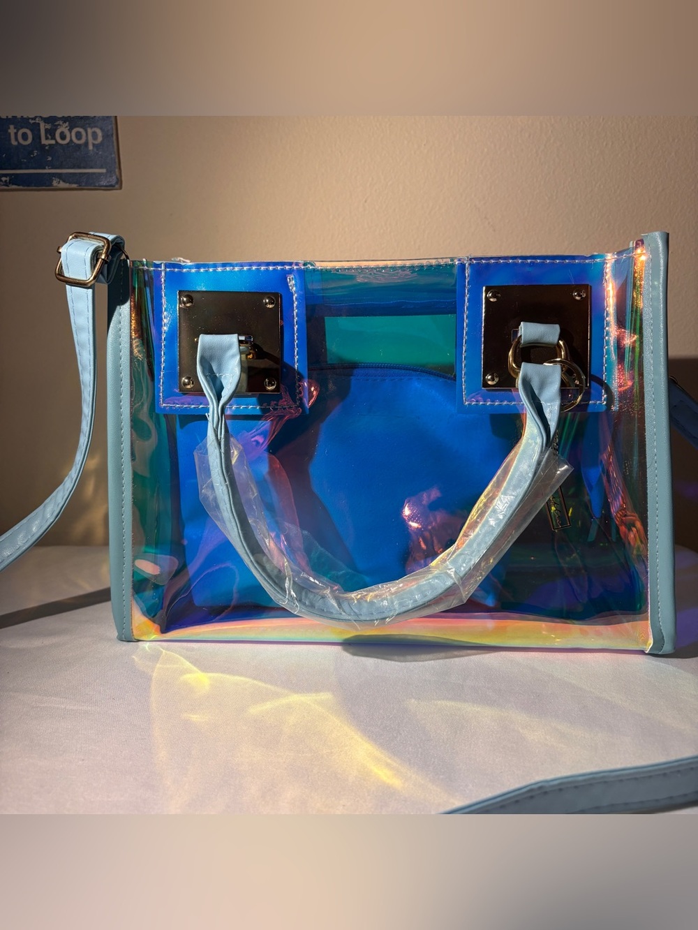 Iridescent Holographic on a transparency + Sky Blue PVC Tote Bag & Pouch. - Picture 10 of 11